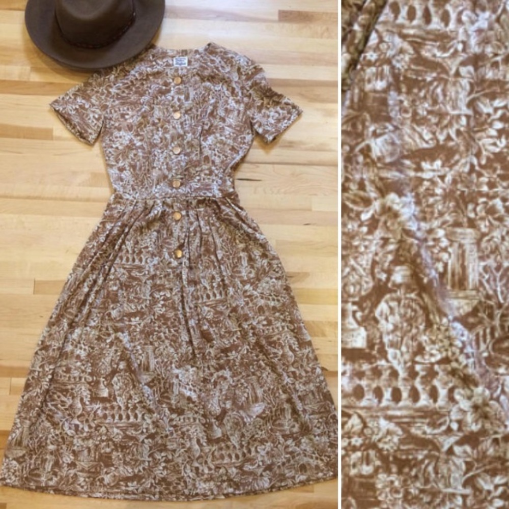 Vintage Button Down Dress 1950s Print -Pockets!